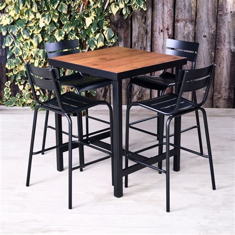 Outdoor Bar Table with wood effect top and 4 black metal bar chairs - Woodberry