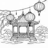 Download Traditional Gazebo With Lanterns In A Lush Landscape Coloring  sketch template