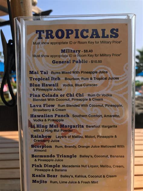 Menu at Hale Koa Barefoot Beach Bar, Honolulu, Kālia Rd