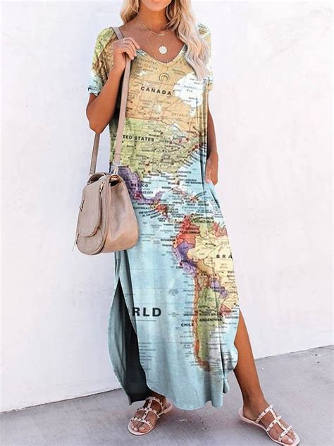 World Map Printing Casual Short Sleeve Maxi Dress | zolucky