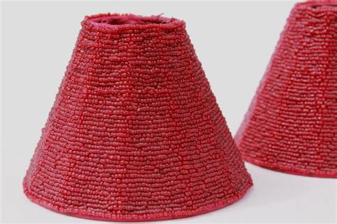 vintage beaded glass lamp shades, pair cranberry red glass bead lampshades