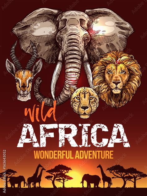 African safari poster with wild animals sketches Stock Vector | Adobe Stock