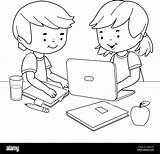 Students doing homework Using A Computer Vector Black And White  sketch template