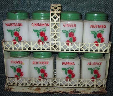 Vintage Original Tipp USA Milk Glass Spice Jars Set Rack Green Cherries Original | Glass spice ...