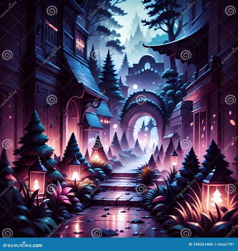 Picture of a Fairy-tale Forest at Night with a Stream. Mystical Fantasy Art Stock Illustration ...