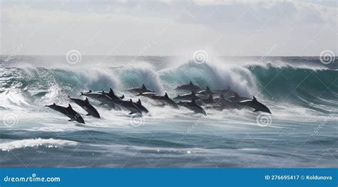 A Pod of Dolphins Jumping in and Out of the Waves, Concept of Marine ...