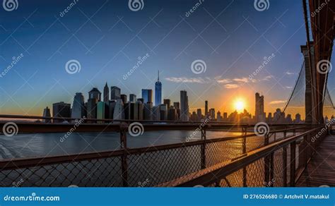 Sunrise Over Brooklyn Bridge and Downtown New York City Stock Illustration - Illustration of ...