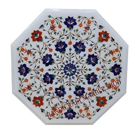 White Marble Stone Inlay Table Top, Marble Fine Inlay Table Top, Semi Precious Stones 18 Inch ...