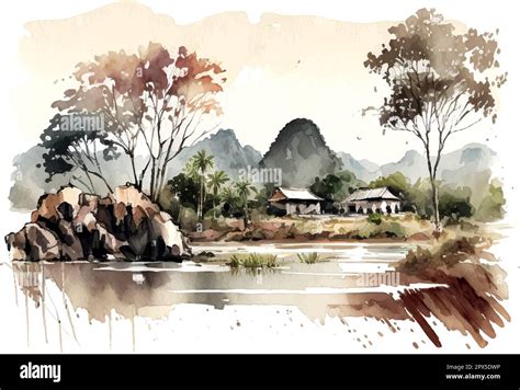 Beautiful landscape Vietnam watercolor sketch illustration on white ...