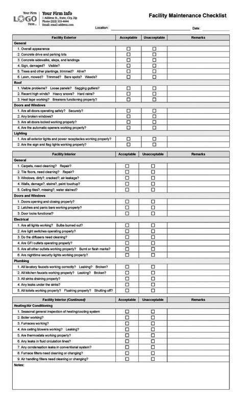 Facility Maintenance Checklist Template ~ Excel Templates