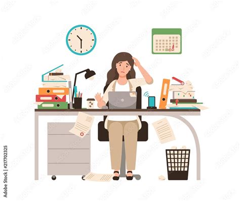 Busy female office worker or clerk sitting at desk completely covered with documents. Woman ...