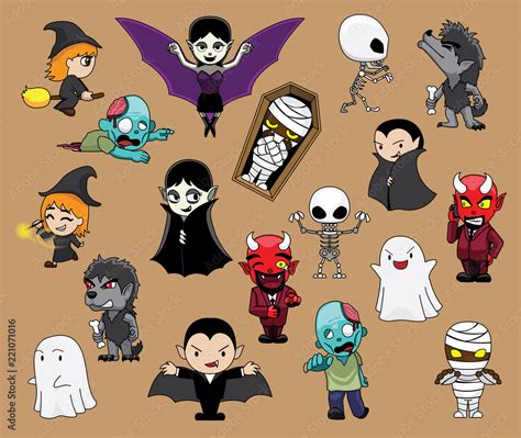 Various Halloween Cute Characters Werewolf Mummy Dracula Devil Ghost ...