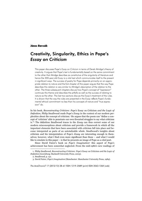 (PDF) Creativity, Singularity, Ethics in Pope's Essay on Criticism