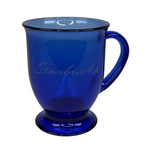 STARBUCKS GLASS MUG Cobalt Blue Pedestal 16 oz etched logo Coffee Tea ...