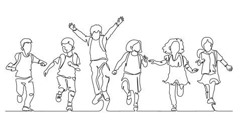 continuous line drawing of happiness little students group enjoy school finish 8425662 Vector ...