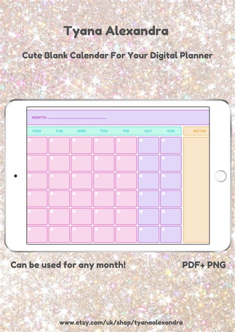 Cute Digital Calendar Blank Digital Calendar Any Month - Etsy