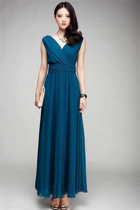 SD86 New Silk chiffon Maxi Long Dress Teal color full linning long dress Plus size drop shipping ...