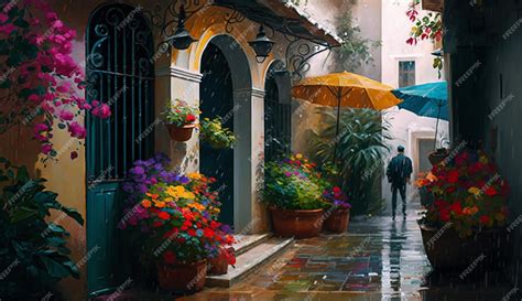 Premium AI Image | A man walking in the rain with a yellow umbrella