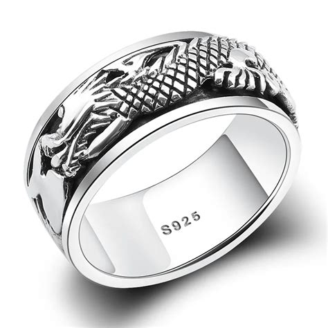 Real Pure 925 Sterling Silver Dragon Rings For Men Rotatable Transfer ...