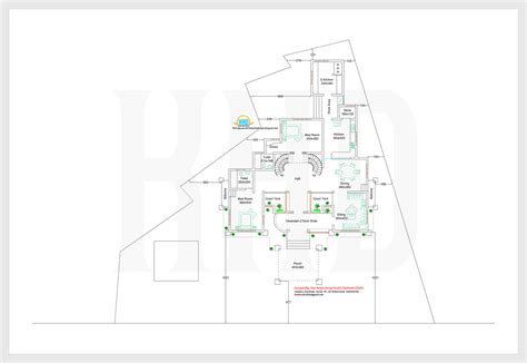 Elevation and plan of 4BHK slanting roof house - 3476 sq. ft.