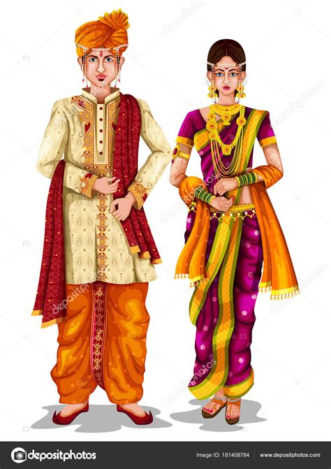 Maharashtrian wedding couple in traditional costume of Maharashtra, India Stock Vector Image by ...