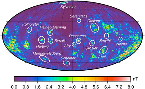 Magnetic field strength of the Moon at 30 km altitude from the 0.5 ∘ ...