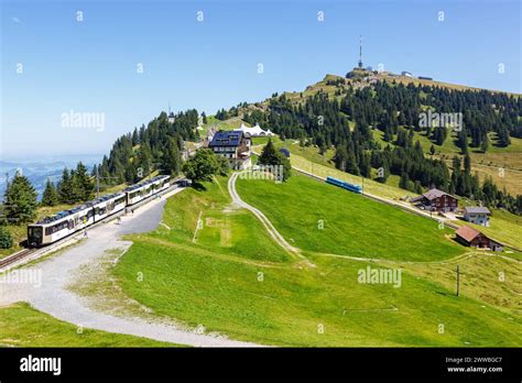 View on Rigi mountain and Arth–Rigi railway train line rack railway in Swiss Alps in Switzerland ...