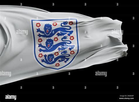 LONDON, UK - July 2023: England national football team logo badge on a flying flag. 3D Rendering ...