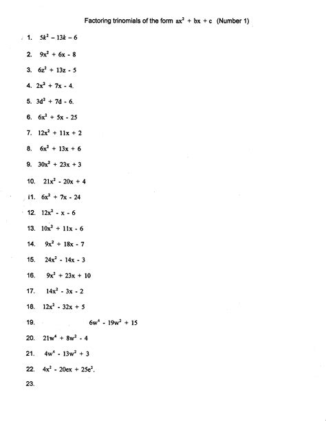 Trinomials Factoring Worksheet