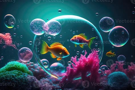 Colorful bubble coral seaweed and fish underwater world. Fantasy fluorescent neon aquatic ocean ...