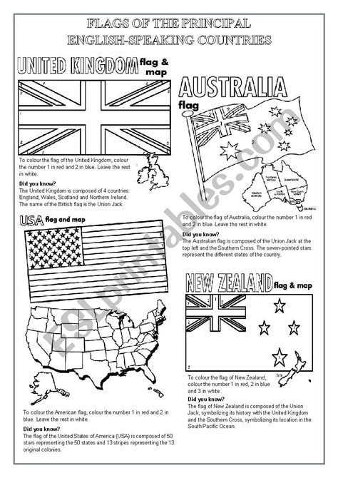 ENGLISH SPEAKING COUNTRIES FLAGS TO COLOUR - ESL worksheet by Morrisons ...