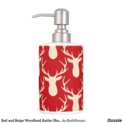 Red and Beige Woodland Antler Shower Curtain Soap Dispenser & Toothbrush Holder | Soap dispenser ...