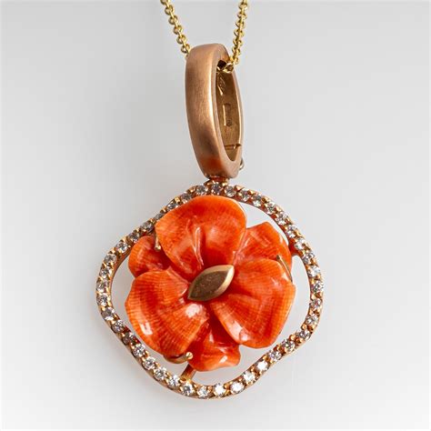Carved Coral Flower Pendant Necklace 18K Rose Gold