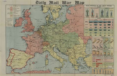 Daily Mail 1914 War map of Europe showing supposed military strength of ...