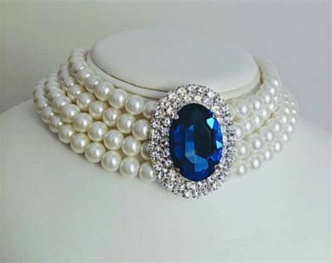 Princess Diana Pearl Chocker Necklace Replica 4 Row Diamond/Sapphire Pendant 15" | eBay