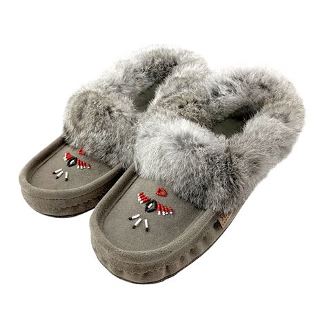 Men's Rabbit Fur Thunderbird Beaded Fleece Lined Moccasin Slippers ...