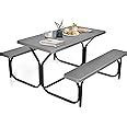 Amazon.com: Moccha Picnic Table Bench Set - Portable Plastic Picnic Table w/Steel Frame & Wood ...