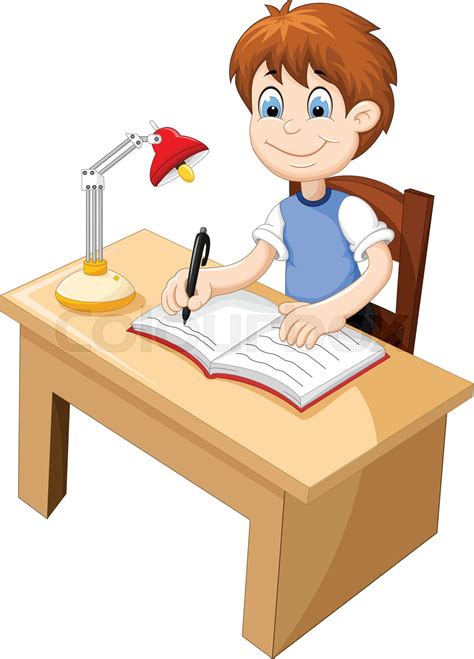 funny Boy cartoon studying at a desk | Stock vector | Colourbox