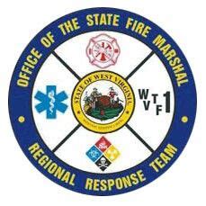 the state fire marshal logo is shown in blue and white with an emt symbol on it