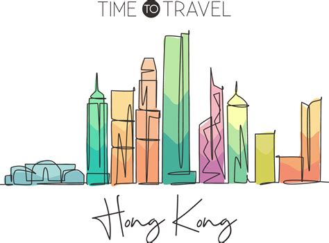 One continuous line drawing of Hong Kong city skyline, China. Beautiful ...