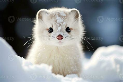 portrait of a cute tiny white winter weasel in the snow on a blurred background 29784740 Stock ...