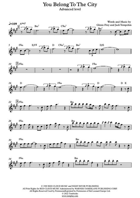 Miami Vice - You Belong to the City (Advanced Level, Tenor Sax) (Glenn Frey) - Saxophone Sheet Music