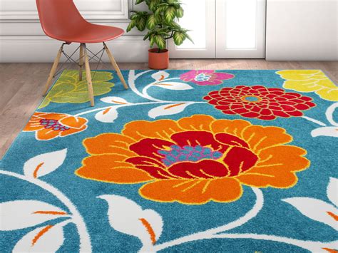 Well Woven Modern Rug Daisy Flowers Blue 5'X7' Floral Accent Area Rug Entry Way Bright Kids Room ...