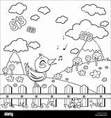 Bird Sitting On A fence And Singing In The Countryside Coloring Book  sketch template