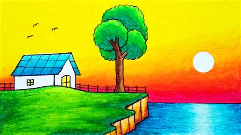 Cómo dibujar una hermosa casa junto al mar con puesta de sol | Dibujo ...