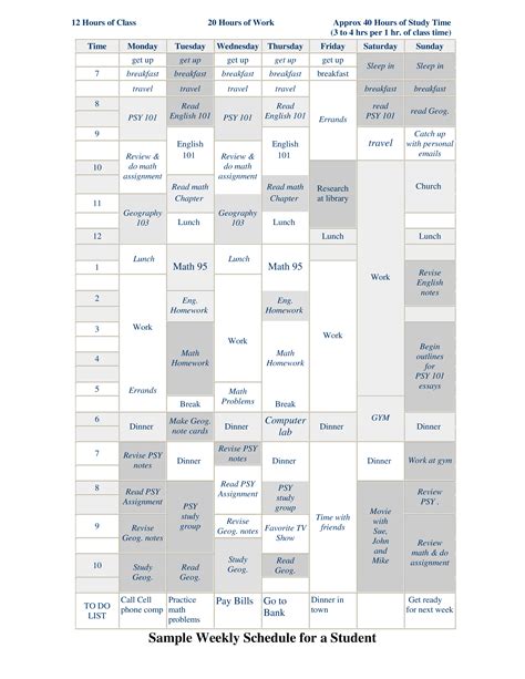 Student Weekly Schedule Template
