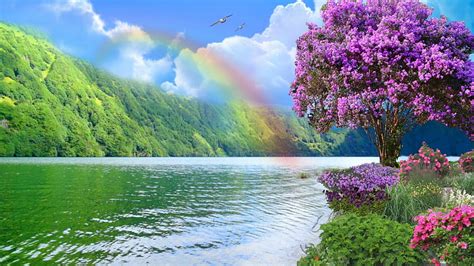 Rainbow ~*~, flowers, nature, river, rainbow, landscape, HD wallpaper ...