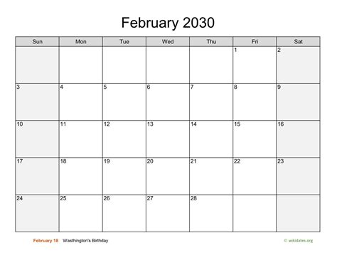 February 2030 Calendar with Weekend Shaded | WikiDates.org