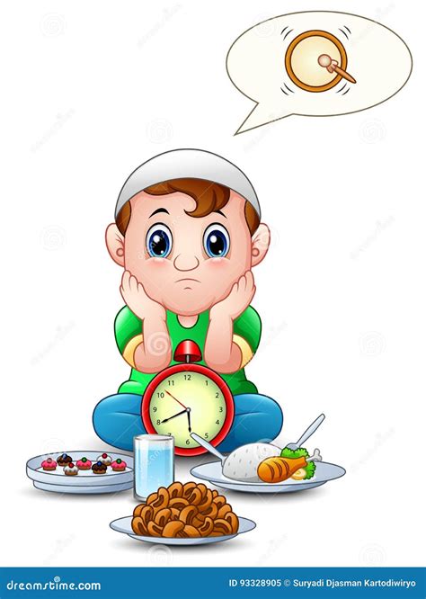 Muslim Kid Sit on the Floor while Wait Break Fasting with Some Food in Front of Him Stock Vector ...