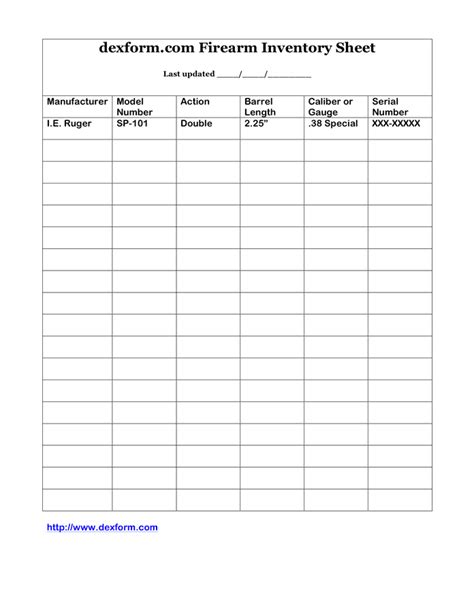 Firearm inventory sheet template in Word and Pdf formats